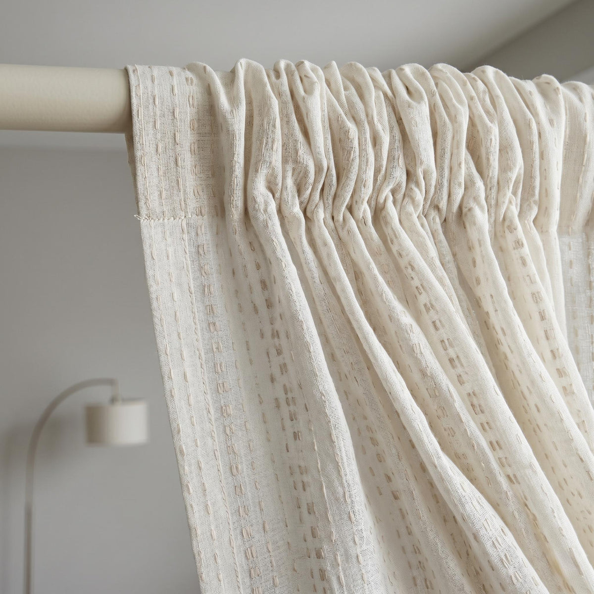 Ivory Linen Sheer Curtains, Light Taupe Dash Stripe Embroidery, Custom Drapes — image 10