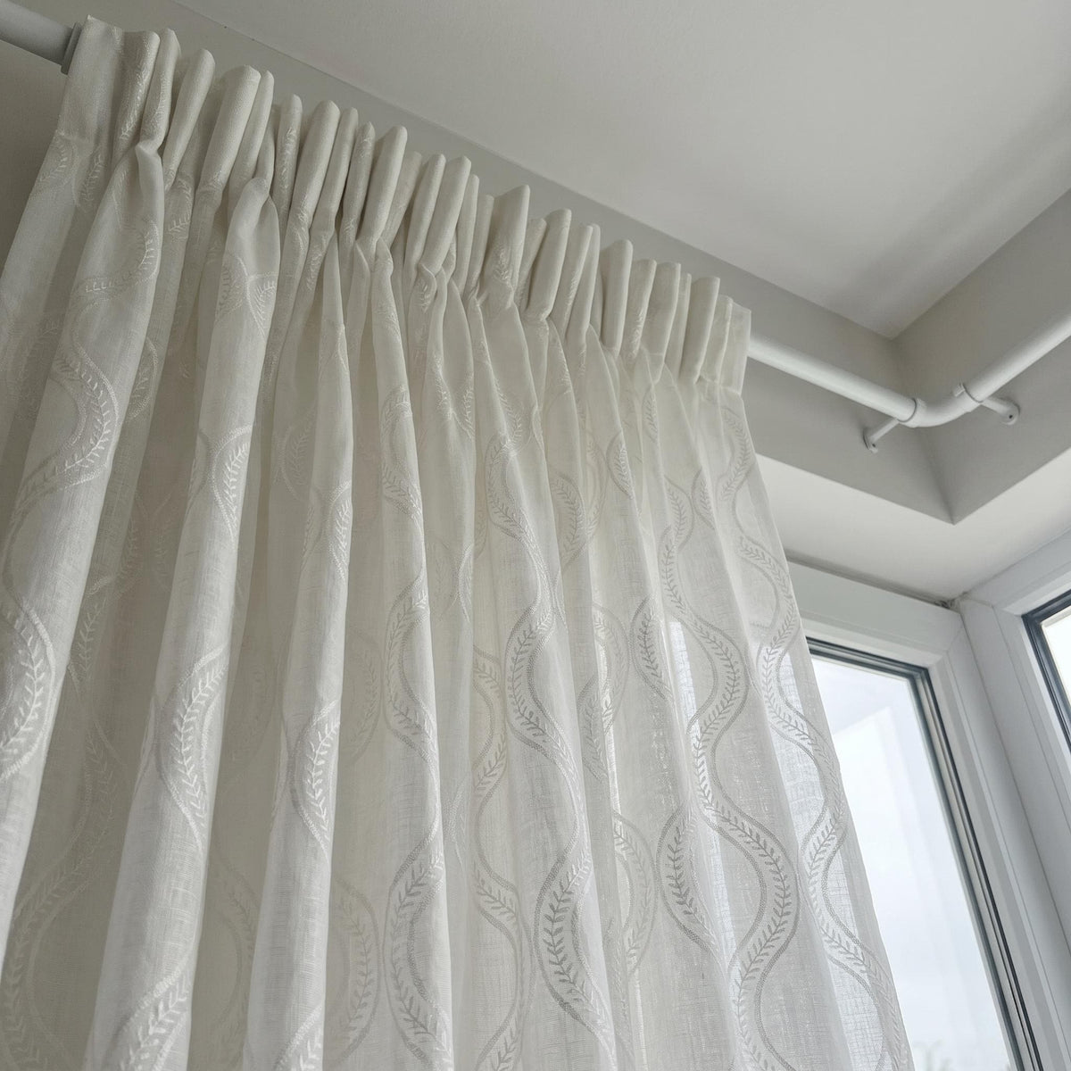 White Pure Linen Sheer Curtains, Tone-on-Tone White Embroidered Vine Drapes, Custom Light Filtering Window Panels — image 5