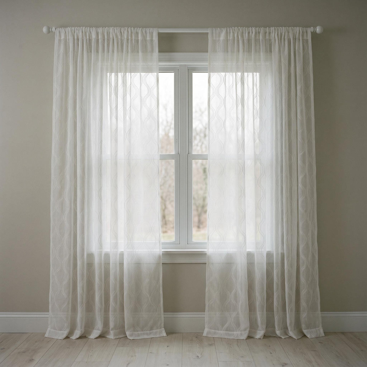 White Pure Linen Sheer Curtains, Tone-on-Tone White Embroidered Vine Drapes, Custom Light Filtering Window Panels — image 10