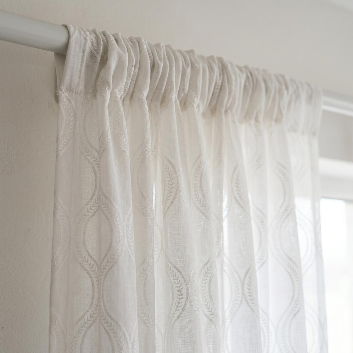 White Pure Linen Sheer Curtains, Tone-on-Tone White Embroidered Vine Drapes, Custom Light Filtering Window Panels — image 7