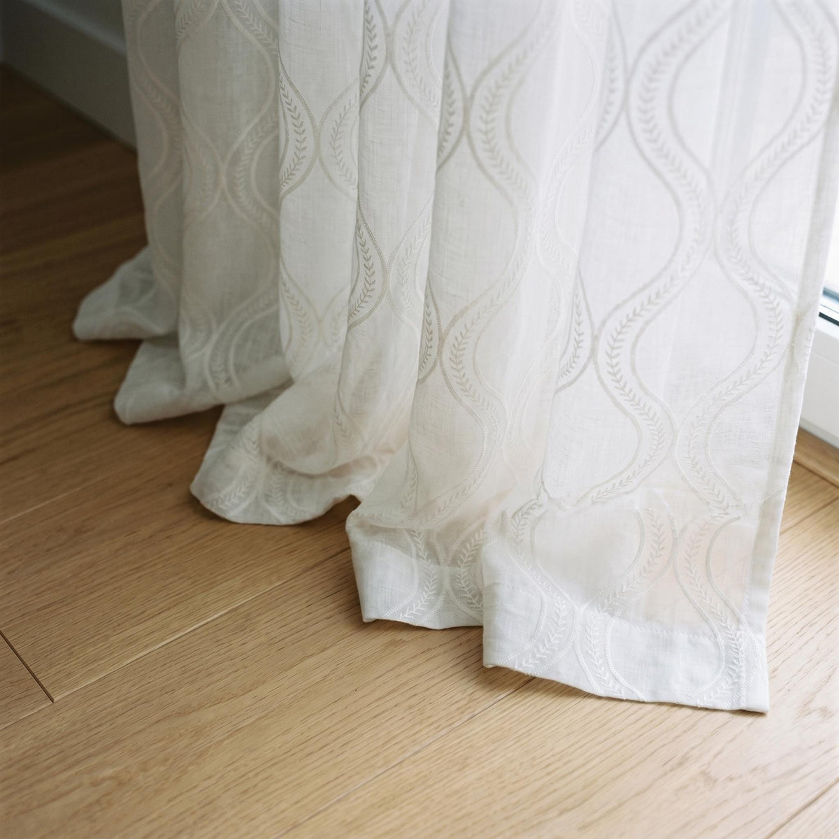 White Pure Linen Sheer Curtains, Tone-on-Tone White Embroidered Vine Drapes, Custom Light Filtering Window Panels — image 8