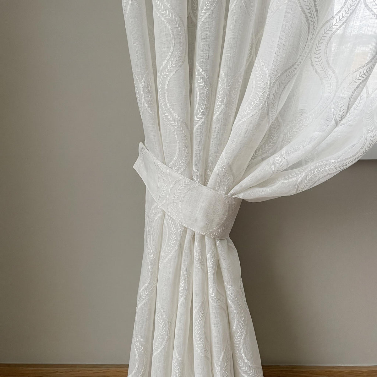 White Pure Linen Sheer Curtains, Tone-on-Tone White Embroidered Vine Drapes, Custom Light Filtering Window Panels — image 6