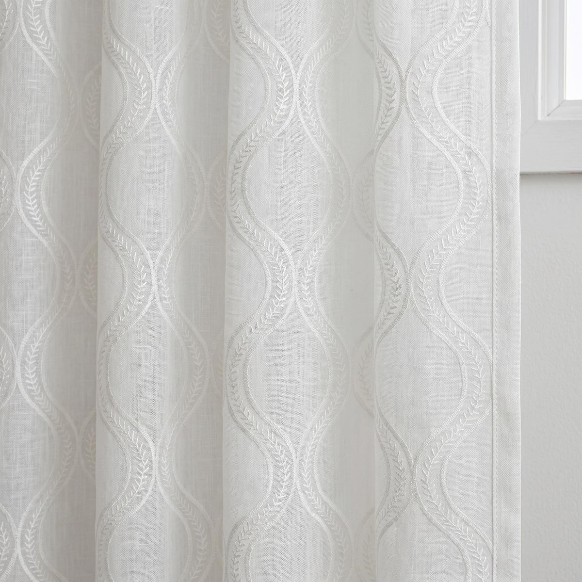 White Pure Linen Sheer Curtains, Tone-on-Tone White Embroidered Vine Drapes, Custom Light Filtering Window Panels — image 3