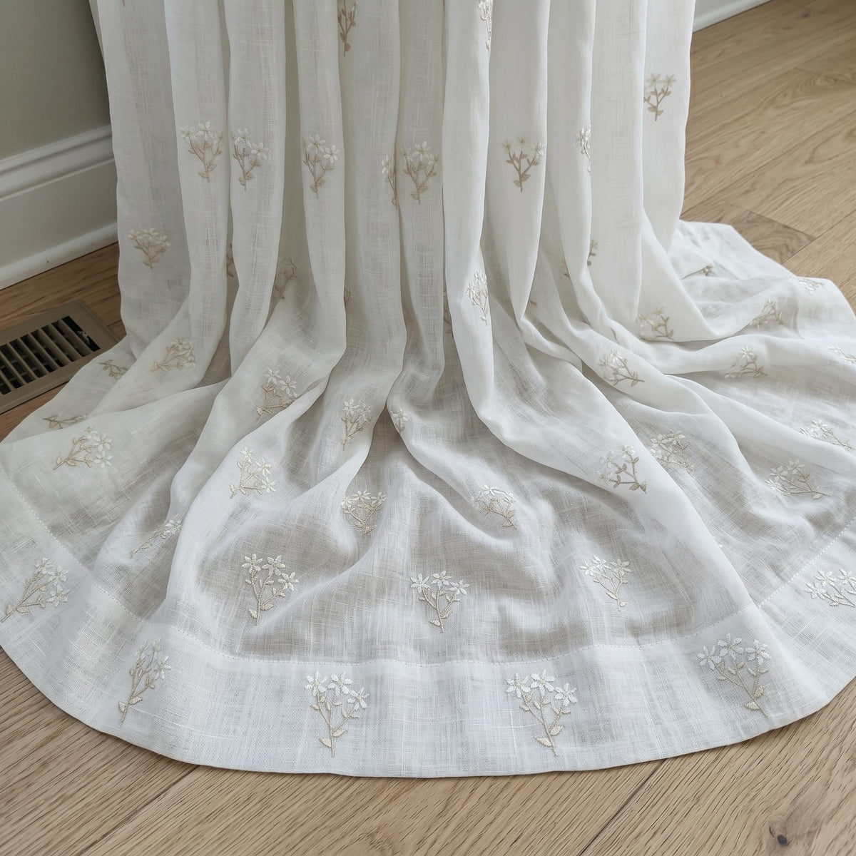 White Pure Linen Sheer Curtains, Ivory Beige Embroidered Wildflower Drapes, Custom Light Filtering Window Panels — image 9