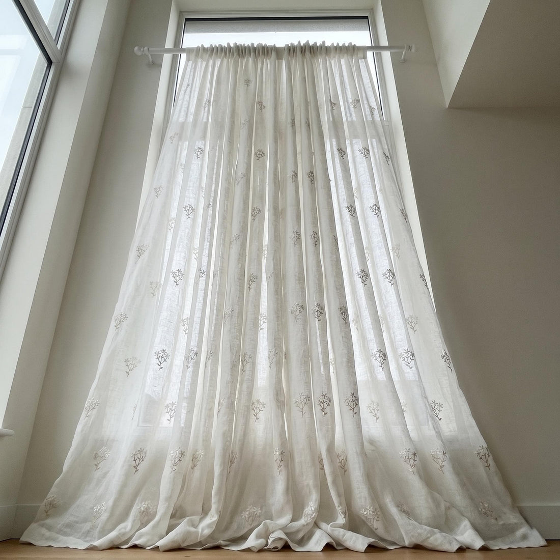 White Pure Linen Sheer Curtains, Ivory Beige Embroidered Wildflower Drapes, Custom Light Filtering Window Panels — image 1