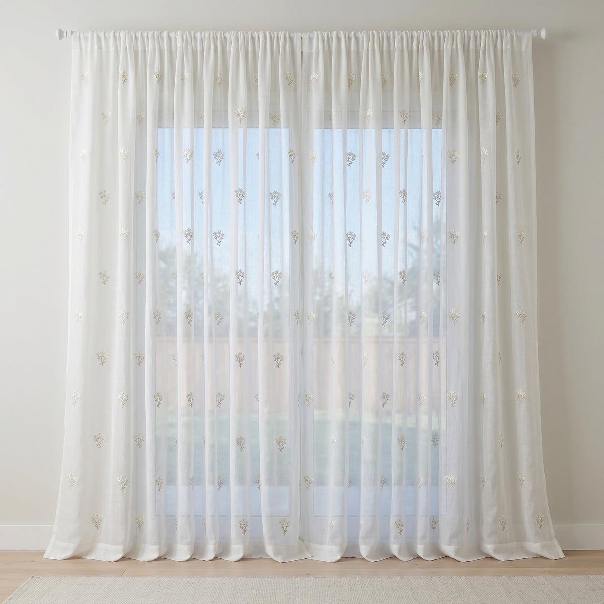 White Pure Linen Sheer Curtains, Ivory Beige Embroidered Wildflower Drapes, Custom Light Filtering Window Panels — image 7