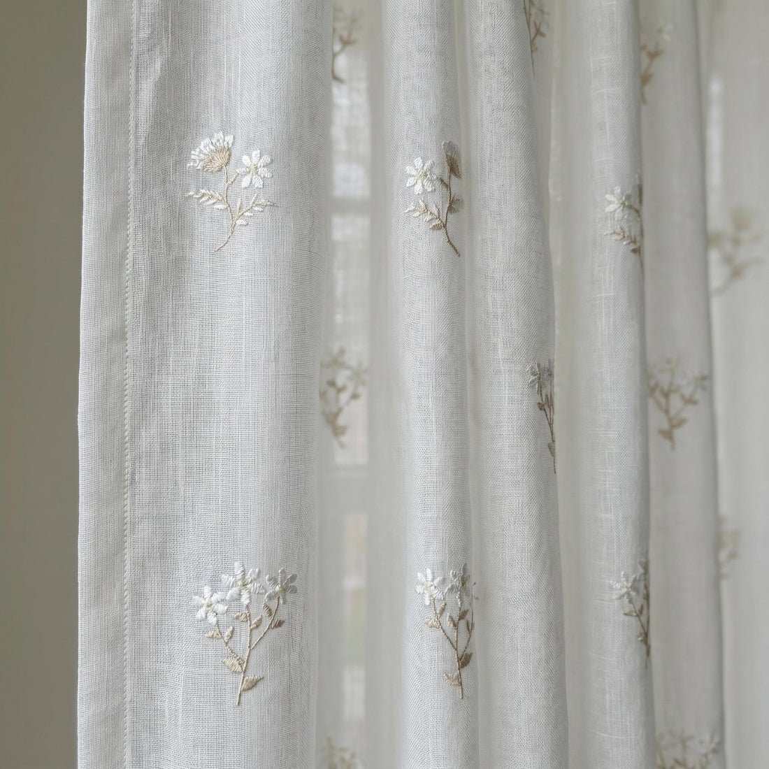 White Pure Linen Sheer Curtains, Ivory Beige Embroidered Wildflower Drapes, Custom Light Filtering Window Panels — image 1