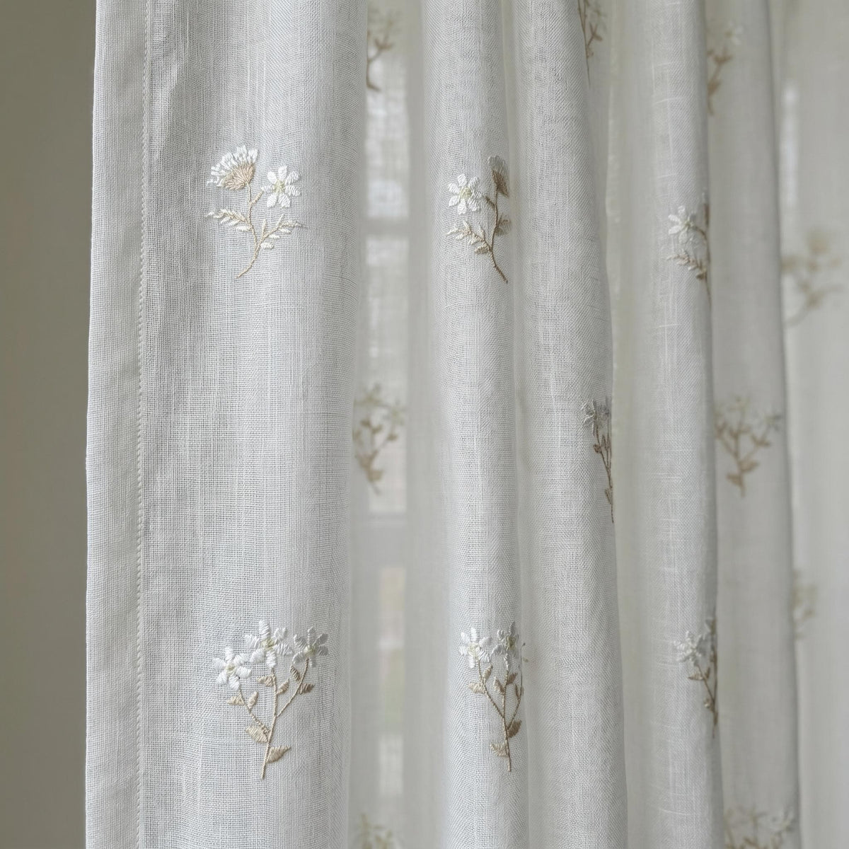 White Pure Linen Sheer Curtains, Ivory Beige Embroidered Wildflower Drapes, Custom Light Filtering Window Panels — image 1