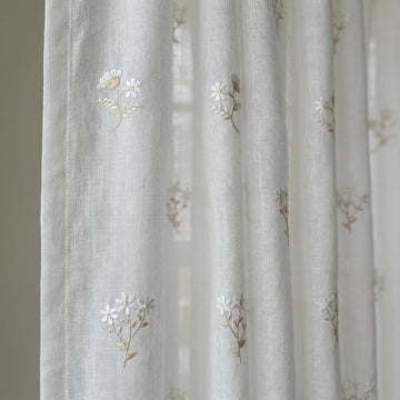 White Pure Linen Sheer Curtains, Ivory Beige Embroidered Wildflower Drapes, Custom Light Filtering Window Panels — image 1