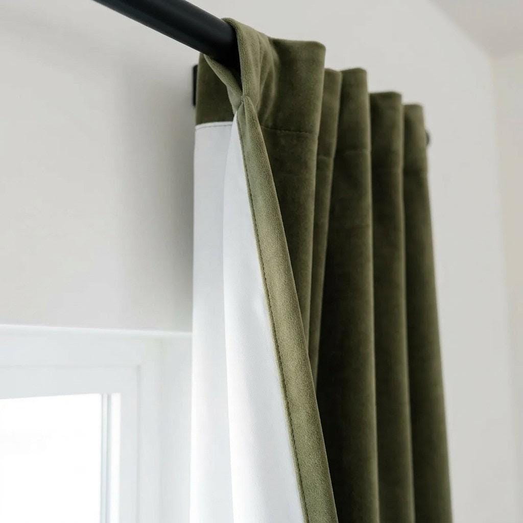 Khaki Olive Green Velvet Curtains, Heavy Luxury Drapes, Custom Blackout or Cotton Lined Window Panels — image 8