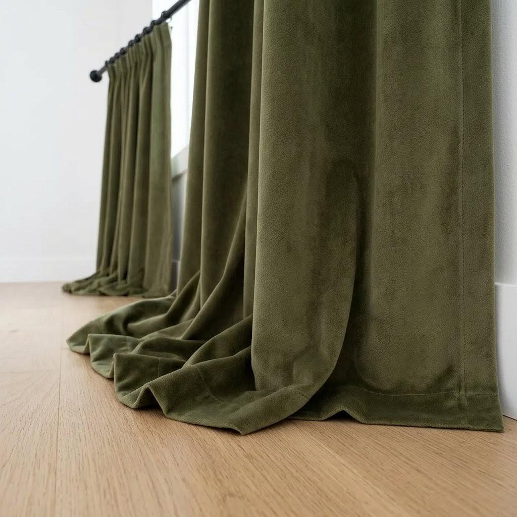 Khaki Olive Green Velvet Curtains, Heavy Luxury Drapes, Custom Blackout or Cotton Lined Window Panels — image 9