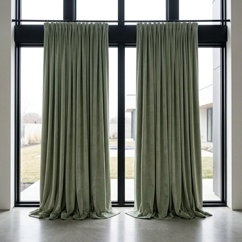 Pale Sage Green Velvet Curtains, Heavy Luxury Drapes, Custom Blackout or Cotton Lined Window Panels, Soft Pistachio — image 5