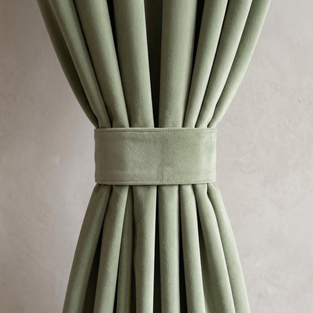 Pale Sage Green Velvet Curtains, Heavy Luxury Drapes, Custom Blackout or Cotton Lined Window Panels, Soft Pistachio — image 1