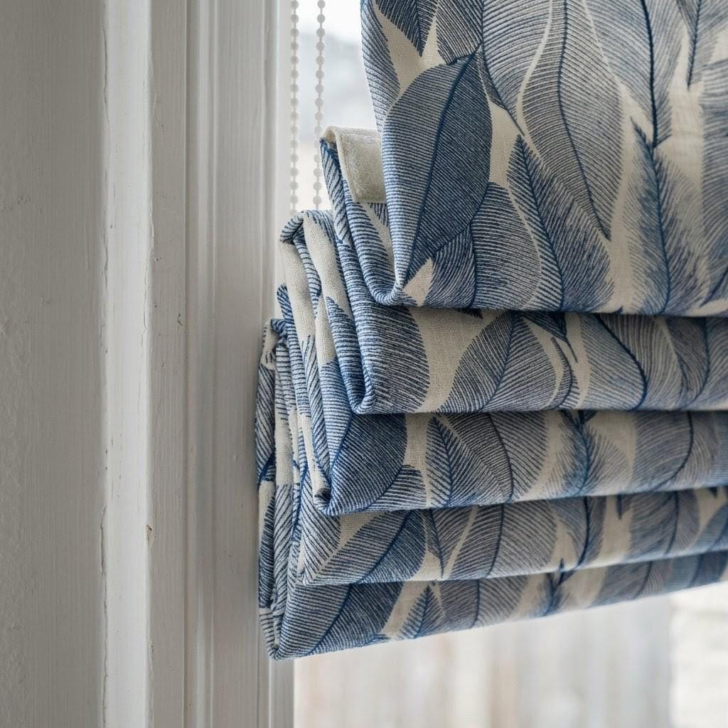 Blue Botanical Leaf Linen Roman Shade, Custom Corded Window Treatment, Ivory Botanical Embroidery — image 4
