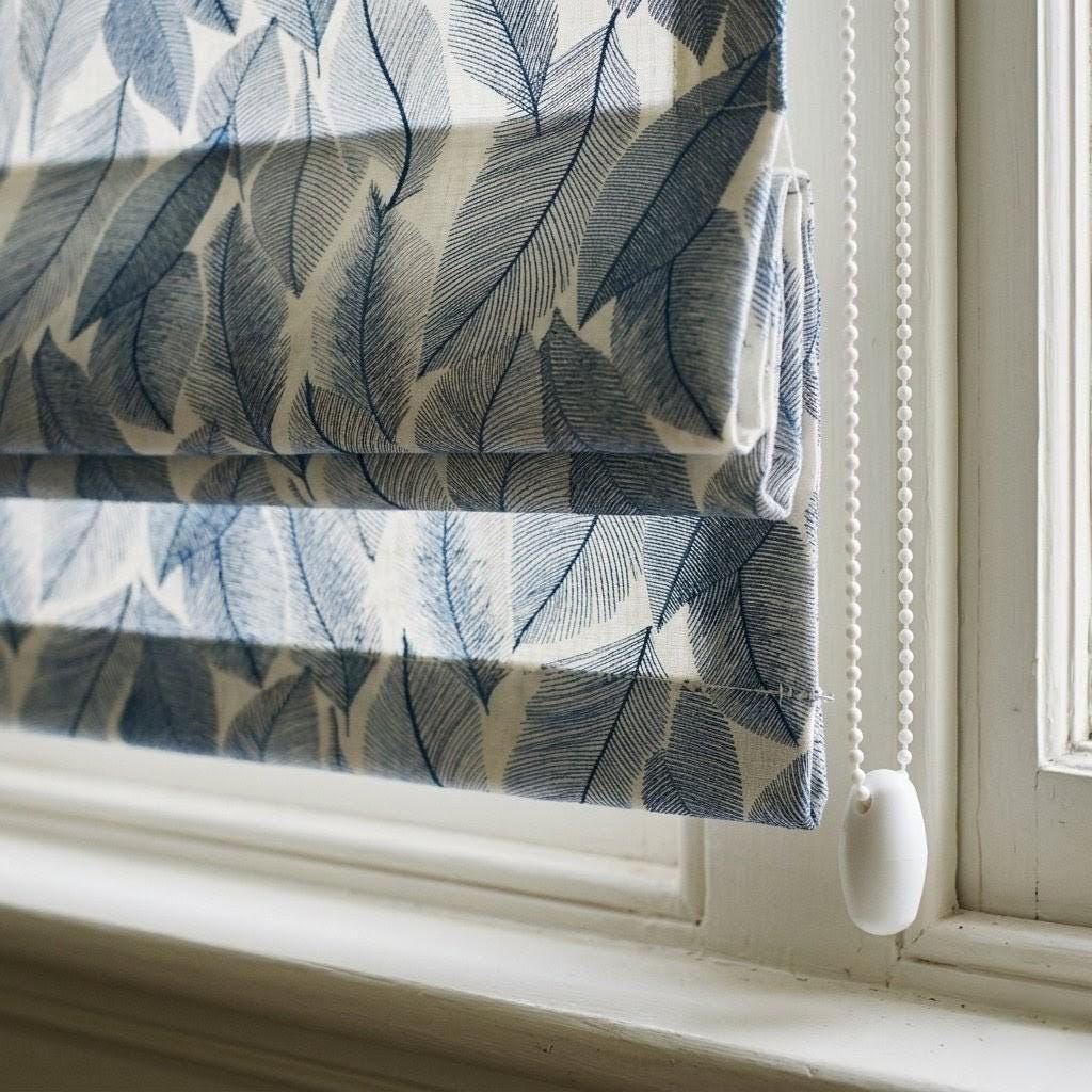 Blue Botanical Leaf Linen Roman Shade, Custom Corded Window Treatment, Ivory Botanical Embroidery — image 5