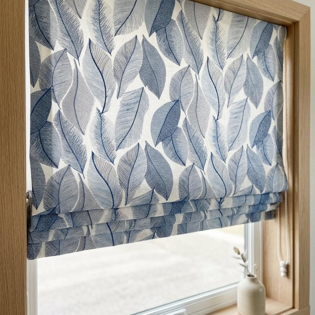 Blue Botanical Leaf Linen Roman Shade, Custom Corded Window Treatment, Ivory Botanical Embroidery — image 3