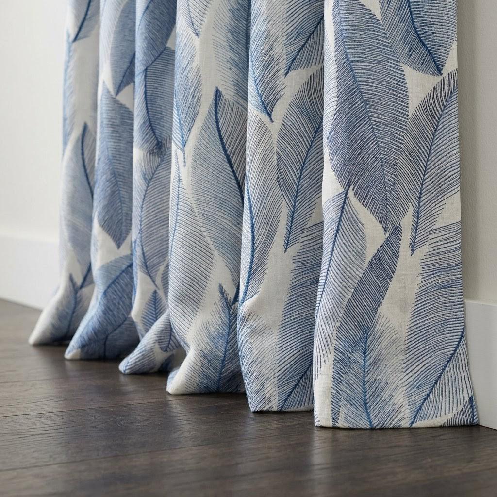 Ivory Blue Leaf Embroidered Linen Curtains, Botanical Custom Drapes, Sheer Privacy Blackout Curtain Panels — image 3