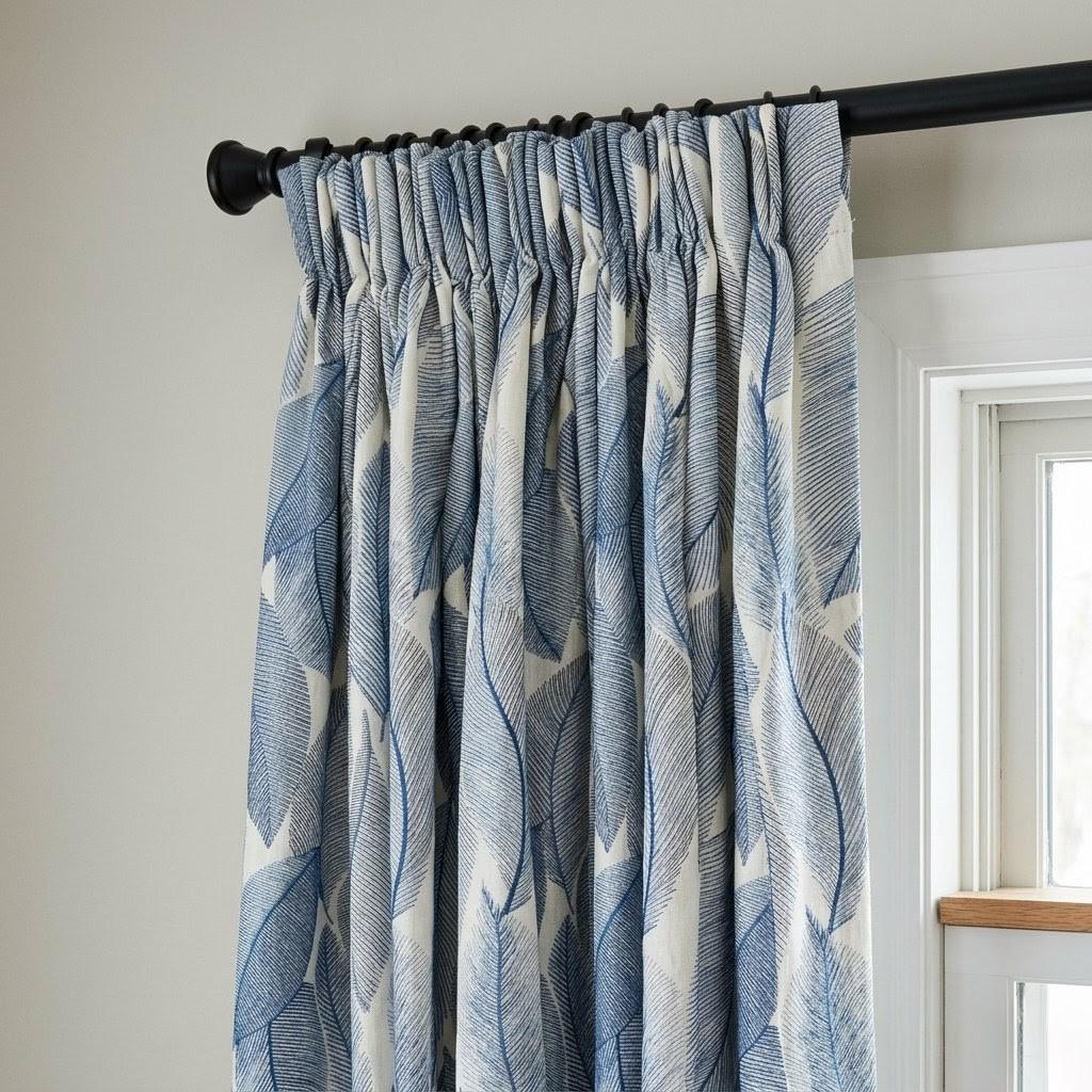 Ivory Blue Leaf Embroidered Linen Curtains, Botanical Custom Drapes, Sheer Privacy Blackout Curtain Panels — image 5