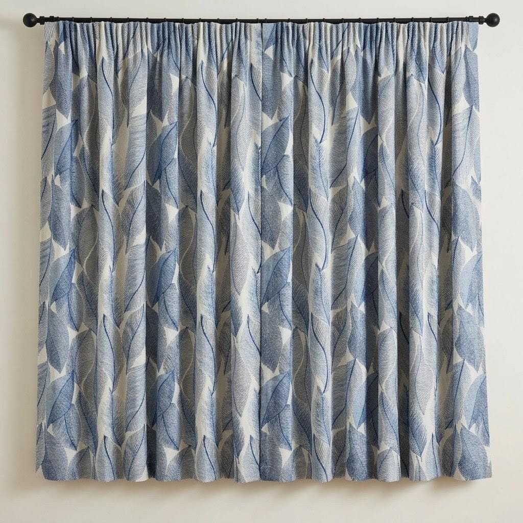 Ivory Blue Leaf Embroidered Linen Curtains, Botanical Custom Drapes, Sheer Privacy Blackout Curtain Panels — image 7