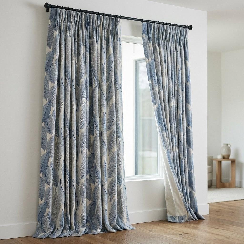 Ivory Blue Leaf Embroidered Linen Curtains, Botanical Custom Drapes, Sheer Privacy Blackout Curtain Panels — image 4