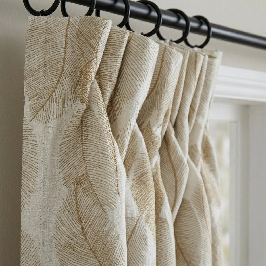 Ivory Flax Leaf Embroidered Linen Curtains, Botanical Custom Drapes, Sheer Privacy Blackout Curtain Panels — image 5