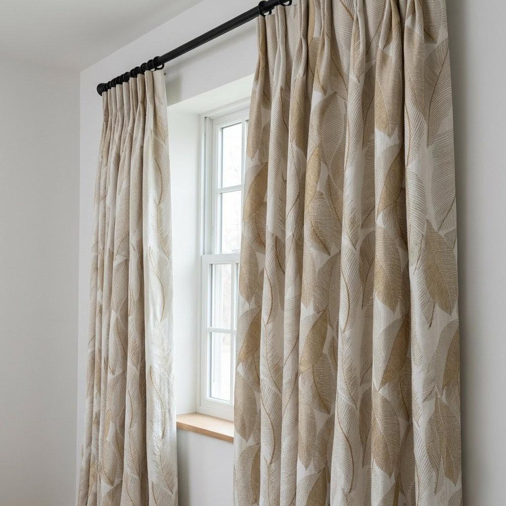 Ivory Flax Leaf Embroidered Linen Curtains, Botanical Custom Drapes, Sheer Privacy Blackout Curtain Panels — image 2