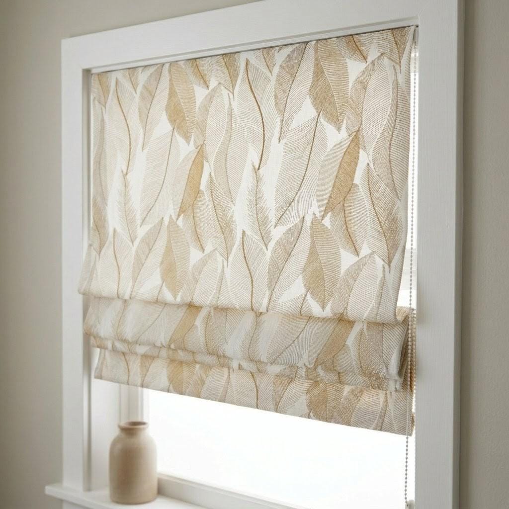 Custom Linen Roman Shade, Botanical Leaf Embroidery, Ivory Flax Window Blind — image 1