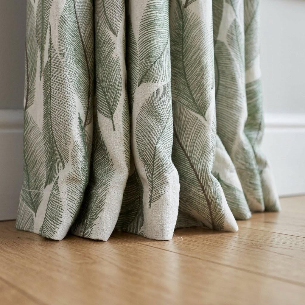 Ivory Green Leaf Embroidered Linen Curtains, Botanical Custom Drapes, Sheer Privacy Blackout Curtain Panels — image 4