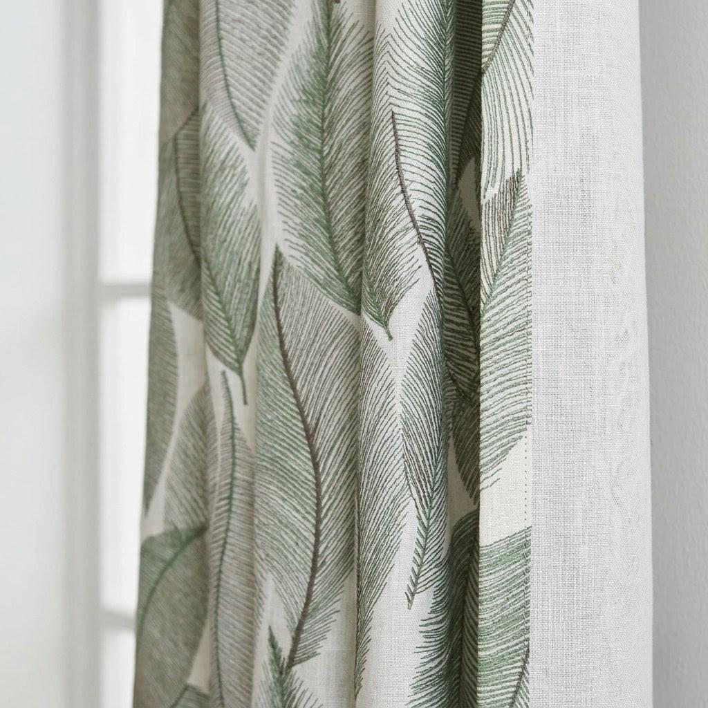 Ivory Green Leaf Embroidered Linen Curtains, Botanical Custom Drapes, Sheer Privacy Blackout Curtain Panels — image 3