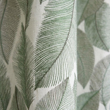 Ivory Green Leaf Embroidered Linen Curtains, Botanical Custom Drapes, Sheer Privacy Blackout Curtain Panels — image 1