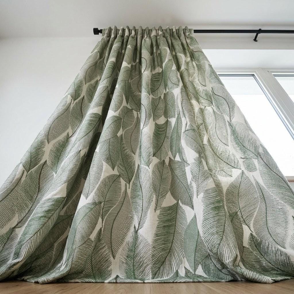 Ivory Green Leaf Embroidered Linen Curtains, Botanical Custom Drapes, Sheer Privacy Blackout Curtain Panels — image 8
