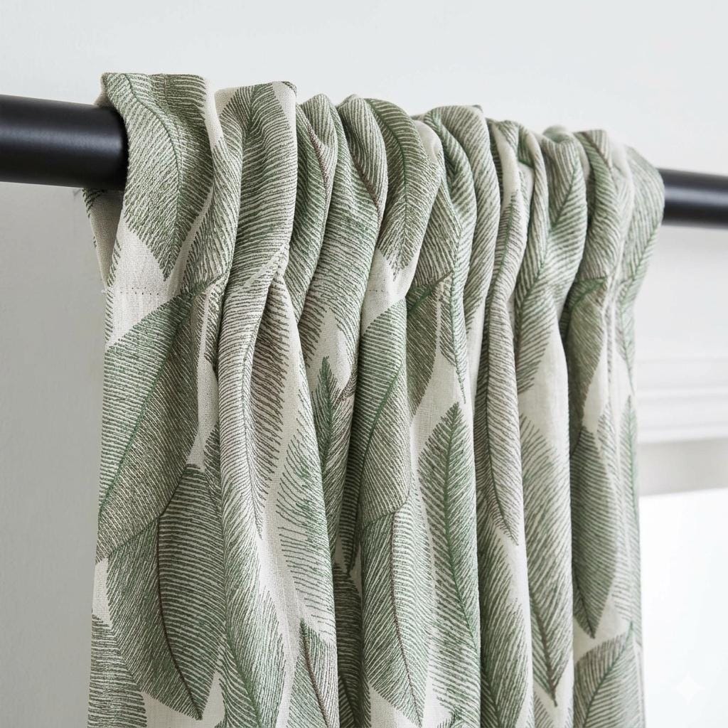 Ivory Green Leaf Embroidered Linen Curtains, Botanical Custom Drapes, Sheer Privacy Blackout Curtain Panels — image 5