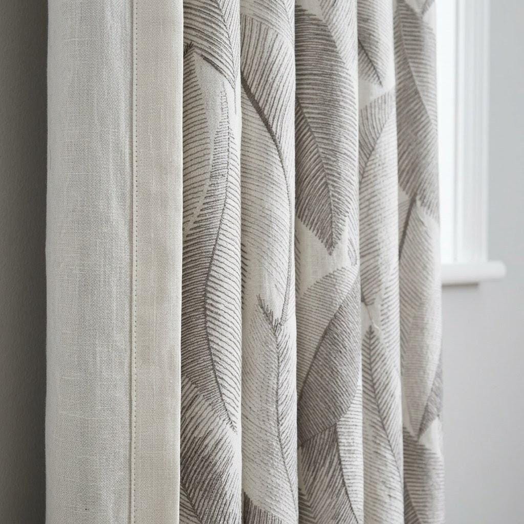 Ivory Grey Leaf Embroidered Linen Curtains, Botanical Custom Drapes, Sheer Privacy Blackout Curtain Panels — image 3