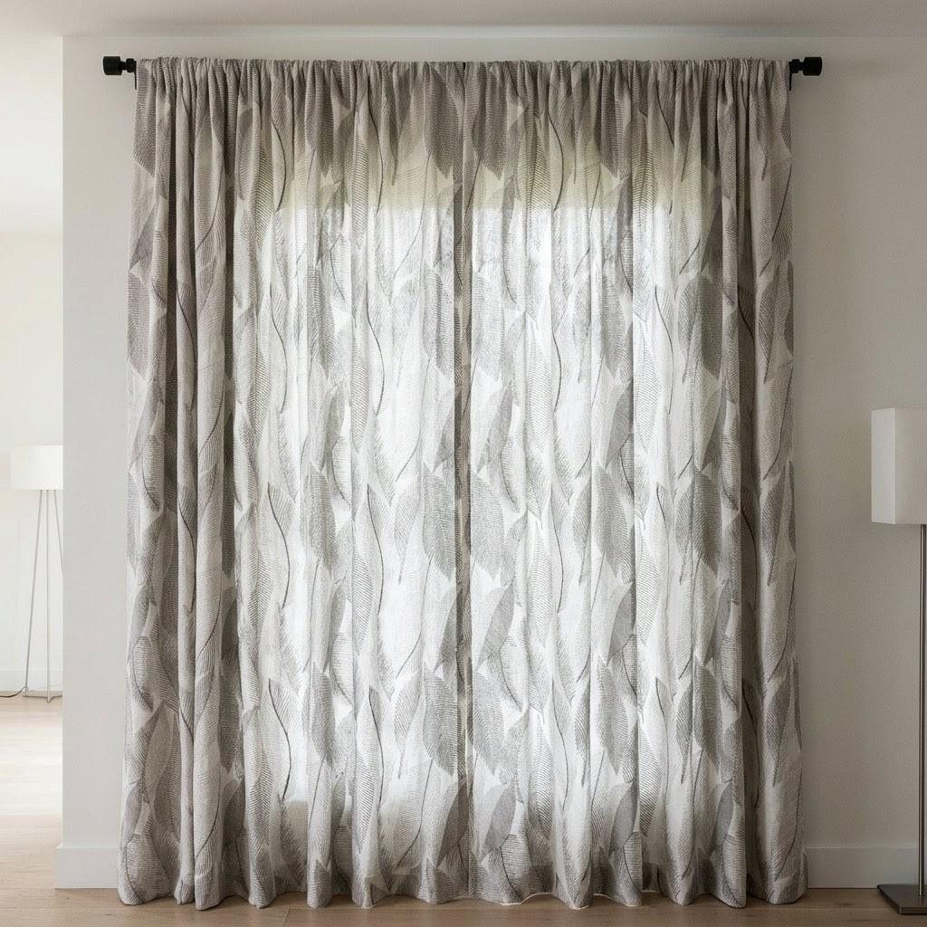 Ivory Grey Leaf Embroidered Linen Curtains, Botanical Custom Drapes, Sheer Privacy Blackout Curtain Panels — image 8