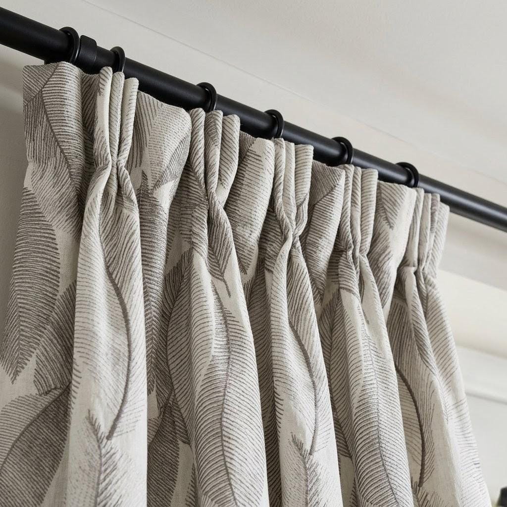 Ivory Grey Leaf Embroidered Linen Curtains, Botanical Custom Drapes, Sheer Privacy Blackout Curtain Panels — image 4