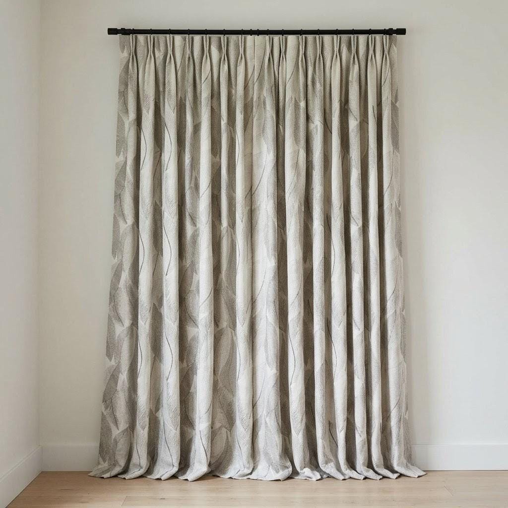 Ivory Grey Leaf Embroidered Linen Curtains, Botanical Custom Drapes, Sheer Privacy Blackout Curtain Panels — image 5