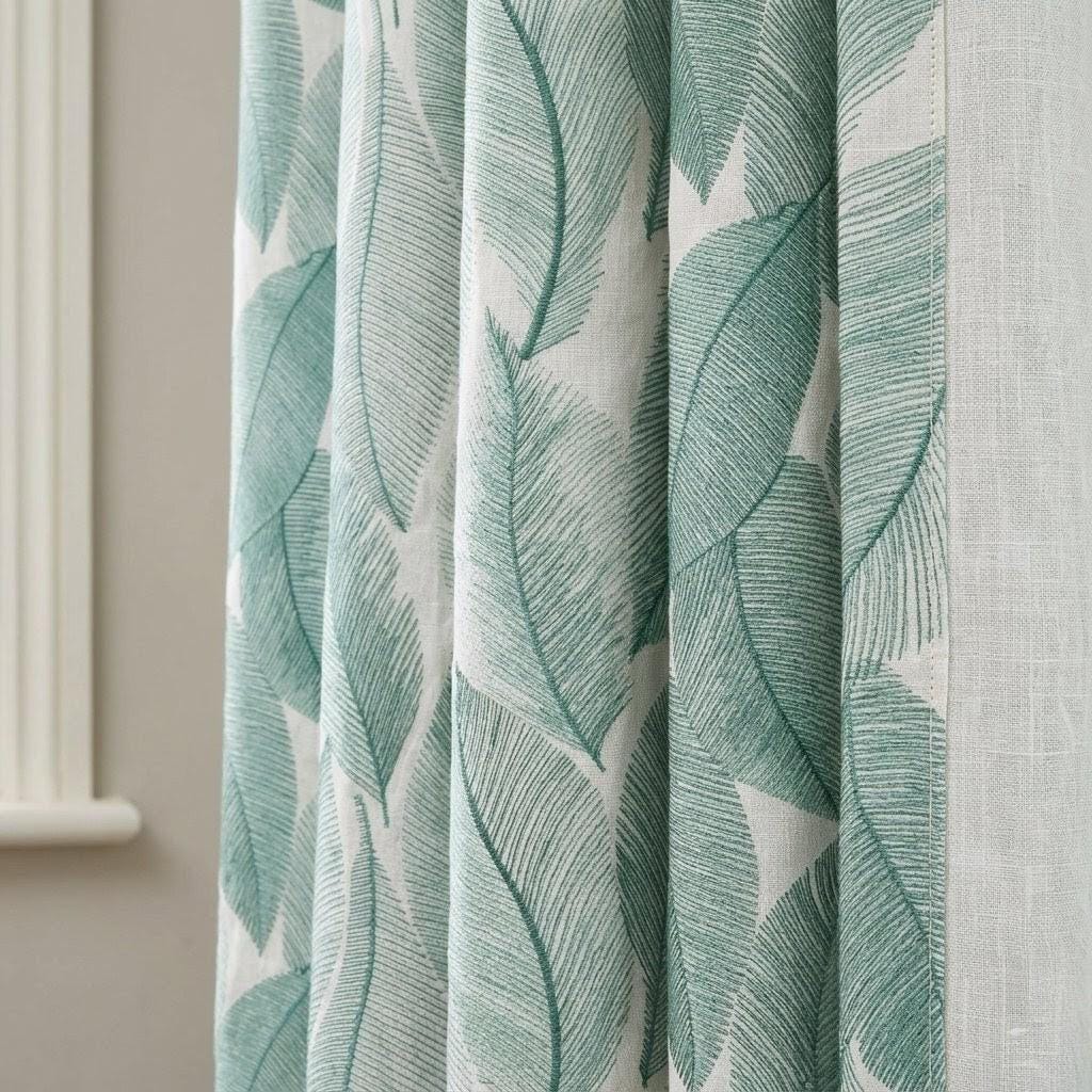 Seafoam Green Leaf Embroidered Linen Curtains, Ivory Botanical Drapes, Custom Sheer Privacy Curtain Panels — image 1