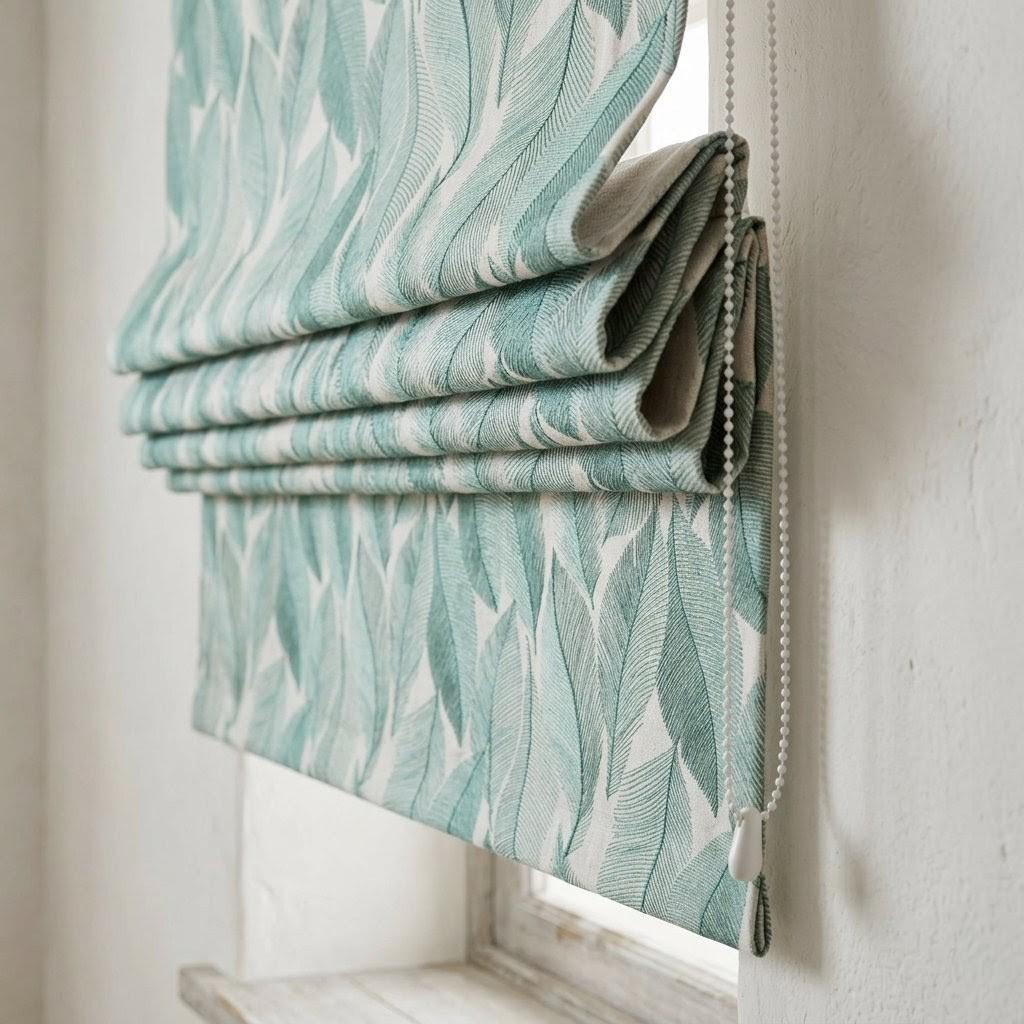 Teal Leaf Embroidered Linen Roman Shade, Custom Botanical Window Blind (Blackout Option) — image 5