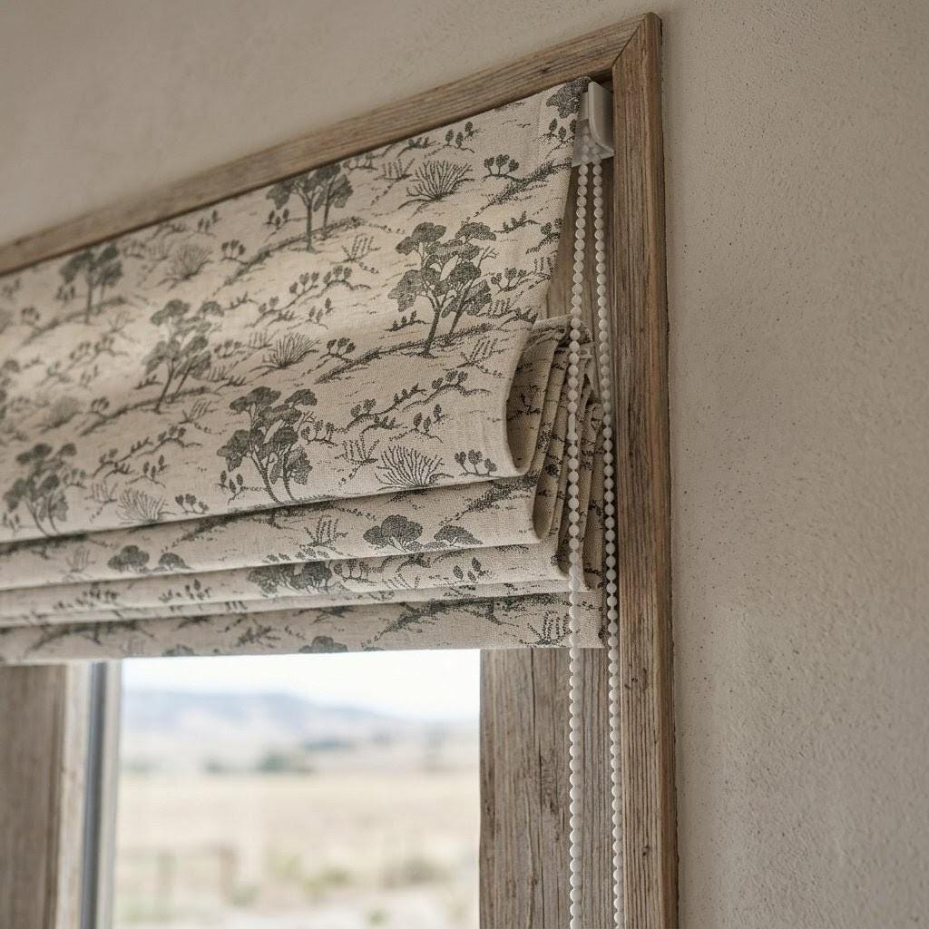 Beige Ash Grey Toile Linen Roman Shade, Woodland Tree Print Roman Blind, Custom Corded Blackout Cotton Lined Shade — image 2