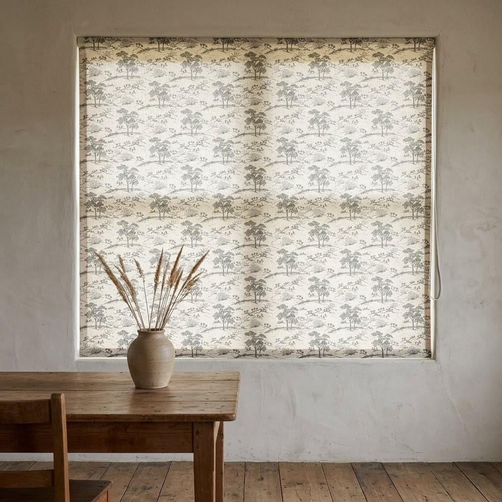 Beige Ash Grey Toile Linen Roman Shade, Woodland Tree Print Roman Blind, Custom Corded Blackout Cotton Lined Shade — image 7