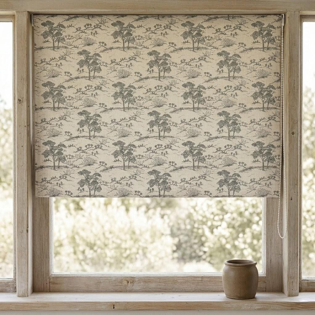 Beige Ash Grey Toile Linen Roman Shade, Woodland Tree Print Roman Blind, Custom Corded Blackout Cotton Lined Shade — image 5