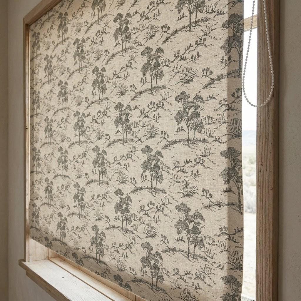Beige Ash Grey Toile Linen Roman Shade, Woodland Tree Print Roman Blind, Custom Corded Blackout Cotton Lined Shade — image 4