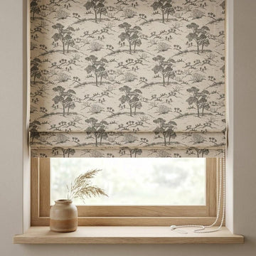 Beige Ash Grey Toile Linen Roman Shade, Woodland Tree Print Roman Blind, Custom Corded Blackout Cotton Lined Shade — image 1