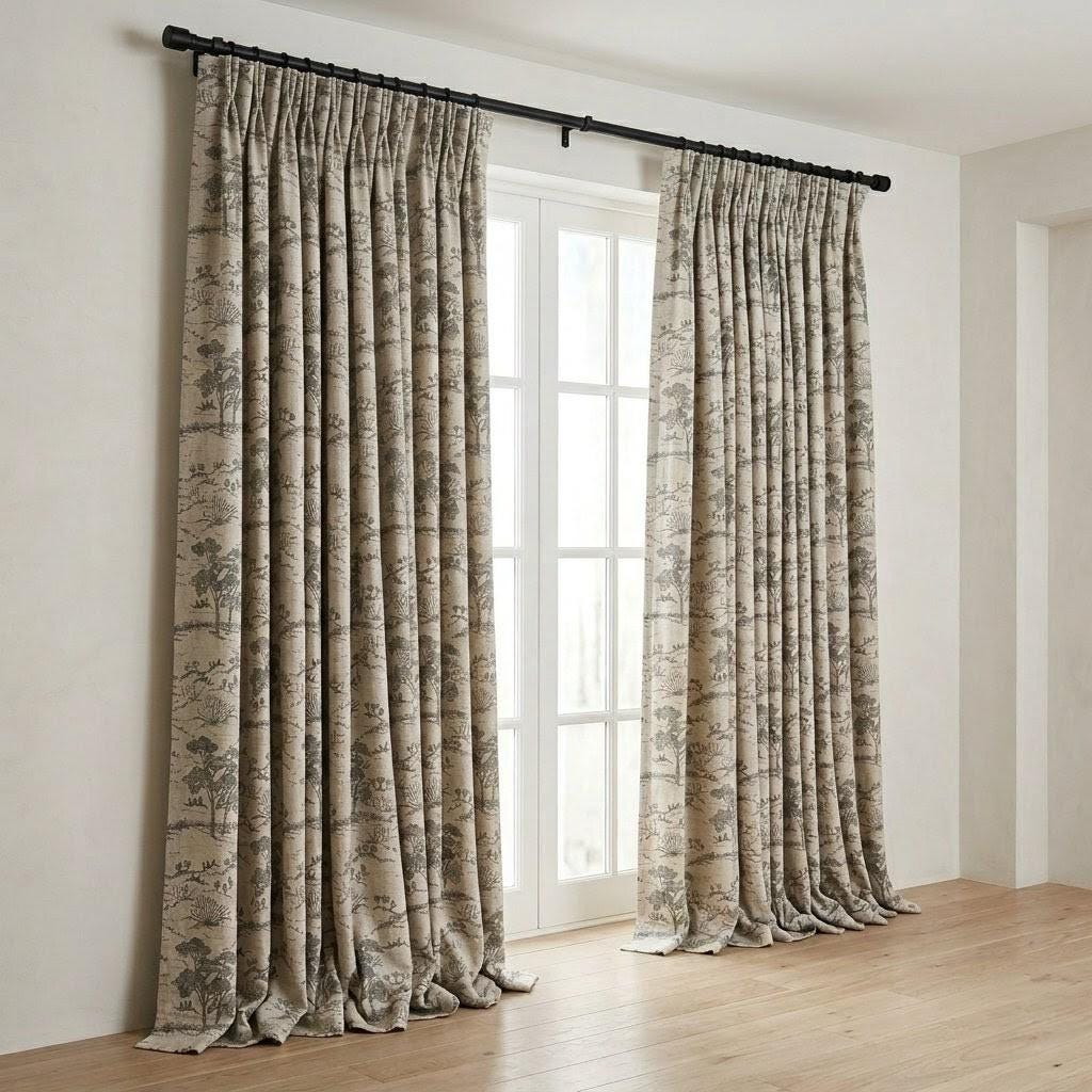 Beige Ash Grey Toile Linen Curtains, Tree Landscape Print Drapes, Custom Linen Panels, Blackout or Cotton Lined Curtains — image 5