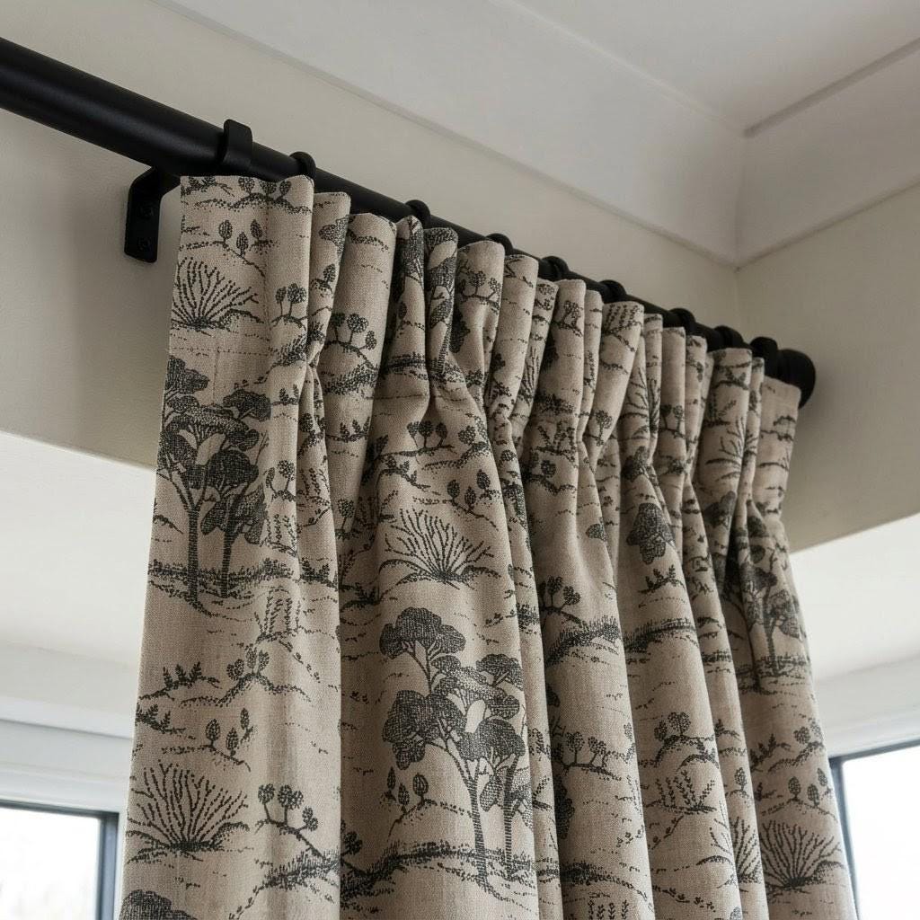 Beige Ash Grey Toile Linen Curtains, Tree Landscape Print Drapes, Custom Linen Panels, Blackout or Cotton Lined Curtains — image 6