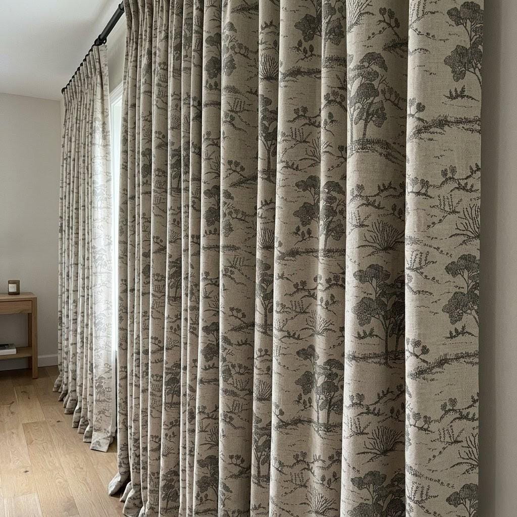 Beige Ash Grey Toile Linen Curtains, Tree Landscape Print Drapes, Custom Linen Panels, Blackout or Cotton Lined Curtains — image 3
