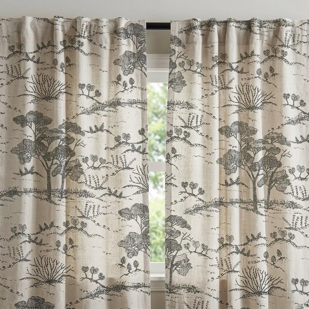 Beige Ash Grey Toile Linen Curtains, Tree Landscape Print Drapes, Custom Linen Panels, Blackout or Cotton Lined Curtains — image 7