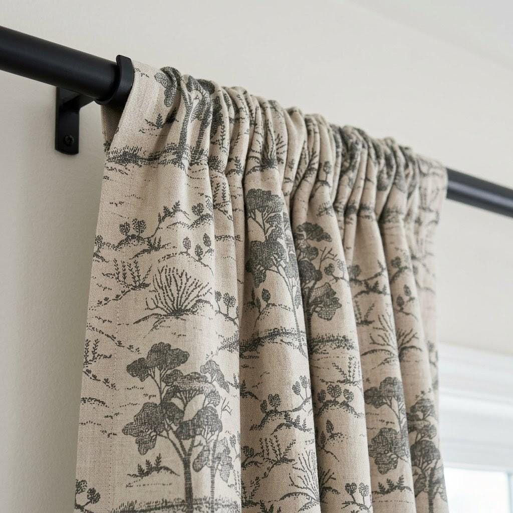 Beige Ash Grey Toile Linen Curtains, Tree Landscape Print Drapes, Custom Linen Panels, Blackout or Cotton Lined Curtains — image 1