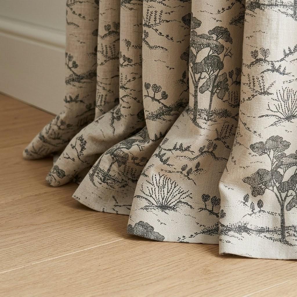Beige Ash Grey Toile Linen Curtains, Tree Landscape Print Drapes, Custom Linen Panels, Blackout or Cotton Lined Curtains — image 4