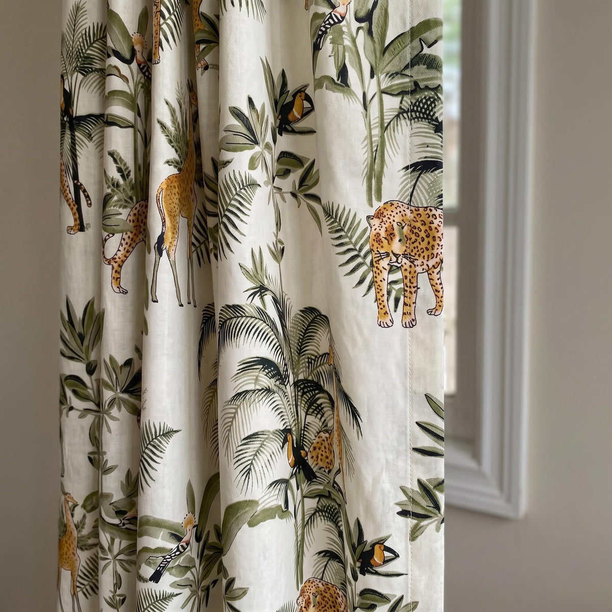 Organic Cotton Hand Block Print Safari Jungle Curtains, Ivory Green Leopard Giraffe Drapes — image 1